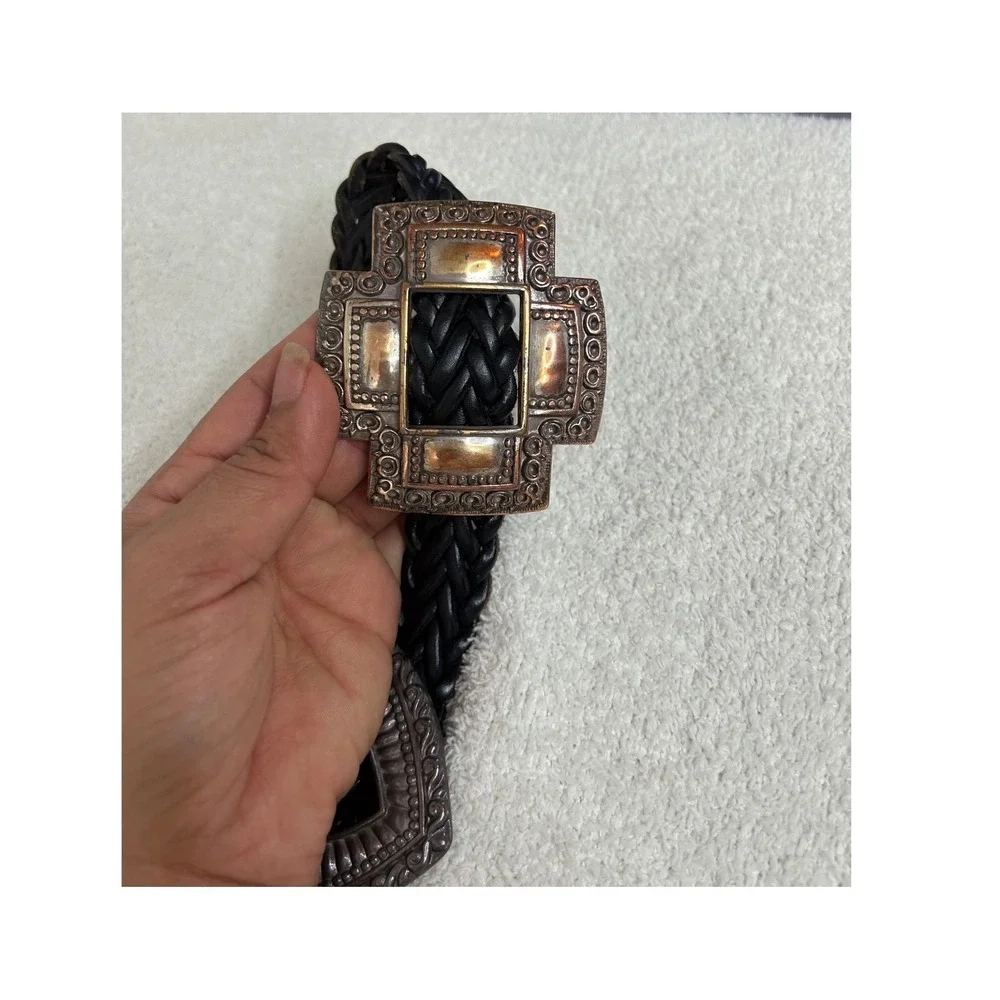 Brighton Vintage Western Braided Leather Belt Cross Heart Buckles interchangeabl